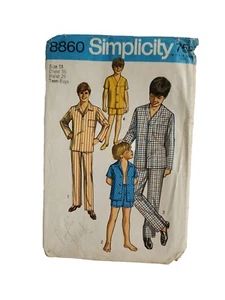 Simplicity Sewing Pattern 8860 Boys Pajamas Two Lengths PJs Sleep 1970s Sz 18  - Picture 1 of 3