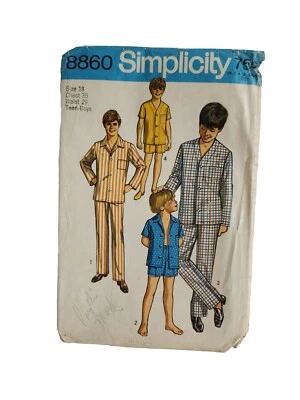 Simplicity Sewing Pattern 8860 Boys Pajamas Two Lengths PJs Sleep 1970s Sz 18  - Image 1 of 3