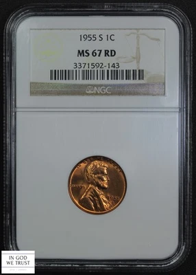 1955 S Red Lincoln Wheat Copper Cent 1C NGC MS 67 RD - Image 1 of 4