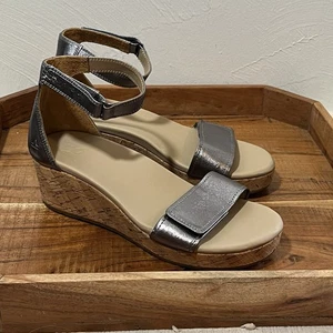 ABEO Cecile Ankle Sandal Leather Wedge Comfort Silver Sz 8 Arch Heel Support - Picture 1 of 8