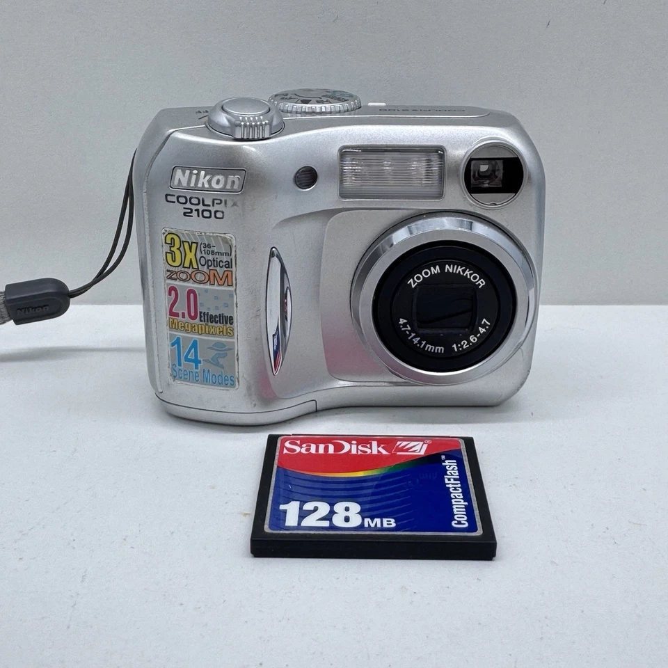 Nikon Coolpix 2100 2.0MP Compact Digital Camera Point & Shoot Silver w CF Card - Image 1 of 4