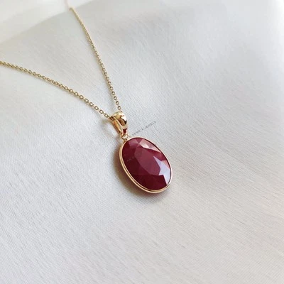 9.74 Ct Natural Ruby Oval Pendant 14K Yellow Gold Bezel July Birthstone Jewelry - Image 1 of 4