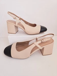 Torrid Slingback Cap Toe Buckle Block Heel Beige Black Shoes 13 WW Extra Wide - Picture 1 of 14