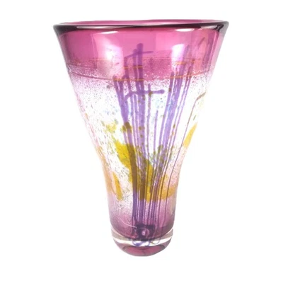 Earl O. James ? 9.5" Tall Glass Vase in Pink  Yellow & Purple Abstract on White - Image 1 of 4