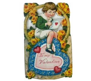 Valentinstag viktorianische gestanzte Grußkarte Junge Buchstabe Herz Rosen Hortensien - Bild 1 von 2