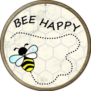 Bee Happy Round Circular Novelty Metal Sign 12" Home Garage Wall Decor - Picture 1 of 1