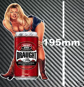 West End Draught Beer Can SA Pin Up Girl Sticker Toolbox Bar Fridge Man cave BBQ - Picture 1 of 1