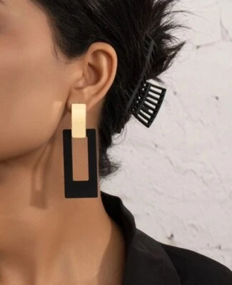 Womens Long Large Gold Black Metal Rectangle Dangle Drop Decor Earrings Party - Image 1 of 4