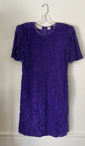 Vtg 80s Lawrence Kazar Dress Size Petite Large Sequin Beaded Purple Silk