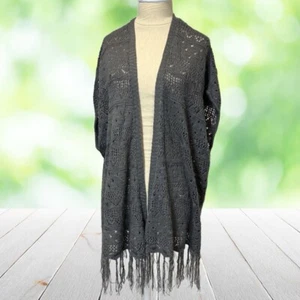 Boho Open Sweater Vest Womens L Lagenlook Gray Fringe Fairycore Crochet Hippie - Picture 1 of 9