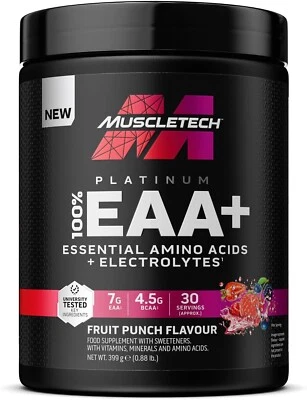 Muscletech Platinum EAA+ Fruit Punch 399g / 30 serv 10/26 + Proben - Bild 1 von 3