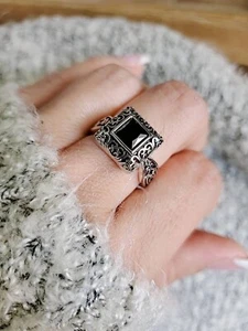 Black Onyx Sterling Silver Ring / Bali Square Princess Cut Onyx Ring For Women's - Picture 1 of 8