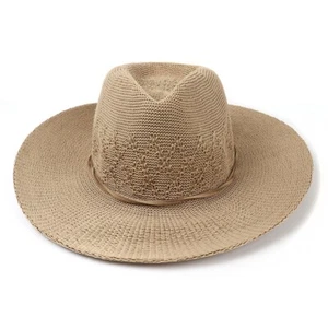 Summer Fedora Hat Holiday Recycled Packable Buff Straw Diamond Crown Cord Trim - Picture 1 of 3