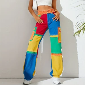 Damas Moda Patchwork Pantalones de mezclilla Pantalones de mezclilla Envejecidos Pantalones Coloridos Informales - Imagen 1 de 7