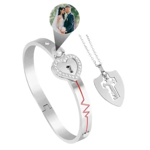 Titanium Steel Love Heart Lock Bangle Bracelet and Key Pendant Necklace SetHOT - Picture 1 of 4