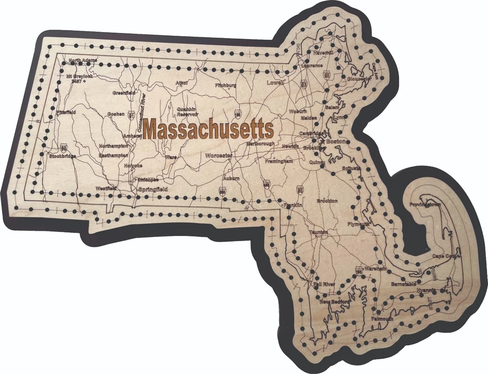 Massachusetts Shaped Road Map Cribbage Board - Image 1 of 1