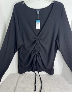 Women’s NWT Rue Plus 4X Black Fine Knit Ruched Front V Neck Sweater - Picture 1 of 7