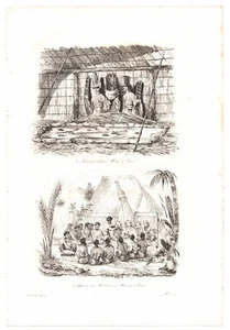 Grabado Dumont d'Urville 1834 ~ Heiau en KAUAI / ofertas Cap. Cocinero ~ HAWAI - Imagen 1 de 3
