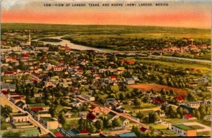 Laredo Texas and Neuvo Laredo Mexico Aerial View Bridge River Linen Postcard - Picture 1 of 2