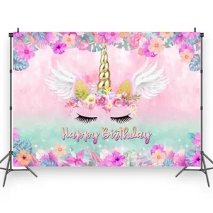 7x5ft Unicorn Birthday Backdrop Photo Booth Background Girls Pink Flowers Cat - Picture 1 of 1