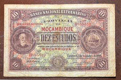 MOZAMBIQUE 10 escudos 1-9-1941 P84 F + Chamico / woman, ship - Image 1 of 3