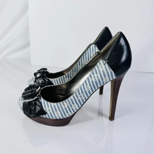 GUESS sz 6 High Heels Shoes Navy Blue White Stripes Nautical Platform Leather - Picture 1 of 10
