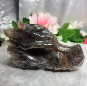 4,6" 541g Rauchquarz & roter Feuerdrachenkopf Schädel Kristall Stein Schnitzerei Statue - Bild 1 von 8