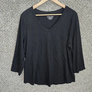 Chicos Top Womens 3 US XL Black Slub Knit Cotton Modal V Neck 3/4 Sleeve Casual - Picture 1 of 7