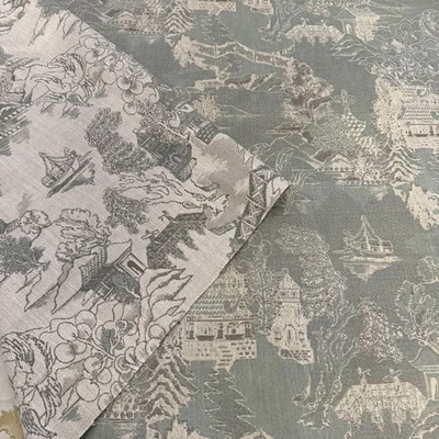 Reversible Chinoiserie Pagoda Asian Jacquard Upholstery Fabric Sage Tan 36”x80” - Image 1 of 4