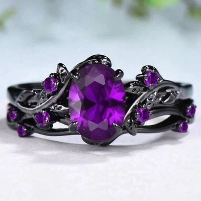 Anillo gótico negro amatista circonita cúbica de acero inoxidable boda mujeres conjunto de joyas de moda Foto 1 de 4