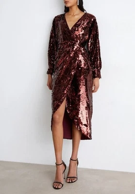 NUEVO CON ETIQUETAS $495 Vestido Ted Baker Emalee Lentejuelas Envolvente Cuello Profundo Midi Vino TB 0/US 2 Foto 1 de 4