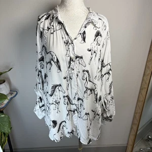 Jane & Delancey Women's Plus 1X ~ White Horse Roll Tab Sleeve Button Down Shirt - Picture 1 of 15