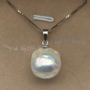 Huge 13-14mm White South Sea Baroque Edison Pearl Pendant Necklace 925 Chain 17" - Picture 1 of 6