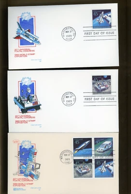 Future Mail Transportation 1989 World Stamp Exposition FDC set with 2 Block of 4 - Image 1 of 2