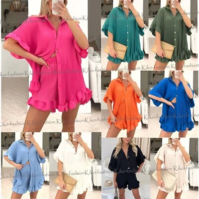 Womens Gold Button Pleated Dress Ladies Frill Collared Shirt Shorts Co ord Set - Image 1 of 4