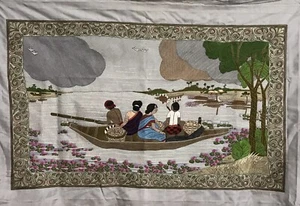 2 Vintage Textiles Ladies On The River and The Gleaners in embroidered silk - Picture 1 of 4