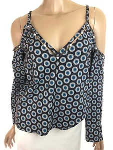 Edun Cold Shoulder Top Blouse Size M Black/ White & Aqua Circles Spaghetti Strap - Picture 1 of 5