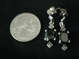 Beautiful Sterling Silver Oval Onyx Marcasite Dangle Earrings #1452 - Picture 1 of 5