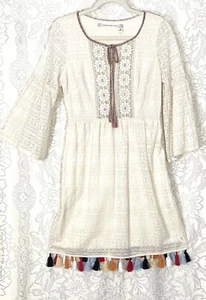 Vestido Bohemio Chelsea y Violeta Marfil Encaje Talla S Forrado Campana Manga Larga Borla - Imagen 1 de 12