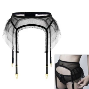 Women Sexy Mesh Garter Belt Ruffle Trim Suspender Belt with 4 Clip for Stockings - Picture 1 of 11