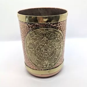 Maya Bierkrug Stein Azteken Kalender Kupfer Messing Griff mexikanisch poliert Vintage - Bild 1 von 11