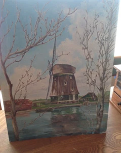 Dutch Windmill oil painting 18 inches x 14 Signed Hazel Watson - Picture 1 of 5