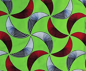 African Fabric 1/2 Yard Cotton Wax Print Ankara GREEN RED WHITE Abstract BTHY - Picture 1 of 3