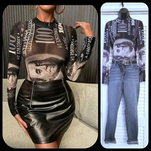 Women's Sexy Black Multicolore Mock Neck Dollar Graphic Print Mesh Bodysuit L - Picture 1 of 13