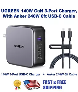 UGREEN 140W GaN USB-C Charger Nexode PPS PD 3.1 3-Port, W/Anker 6ft 240W Cable - Picture 1 of 14