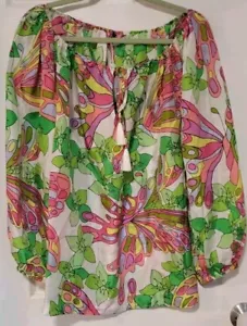 Top blusa TRINA TURK multicolore stampa floreale 100% seta taglia L manica a palloncino artistico - Foto 1 di 10