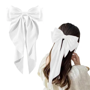 Large Hair Bow Clips for Women Girls Silky Satin Hair Barrettes with Long Ribbon - Picture 1 of 12