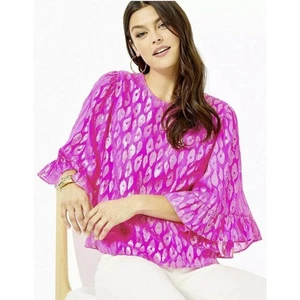 Top Lilly Pulitzer Mediano Francis Manga Volantes Seda Raz Berry Leopardo Metálico - Imagen 1 de 8