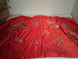 Red Silk Material  Machine Embroidery Coy Fish Floral Asain 2 1/3 Yds Stamped - Picture 1 of 24