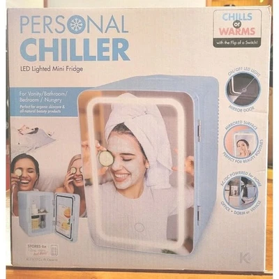 Blue - Personal 6 Can Chiller LED Lighted Mini Fridge with Mirror Door - Image 1 of 4